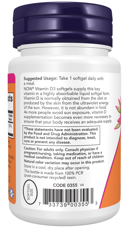 NOW Foods Vitamin D3 2000 IU - 30, 120 or 240 Softgels - Image 3