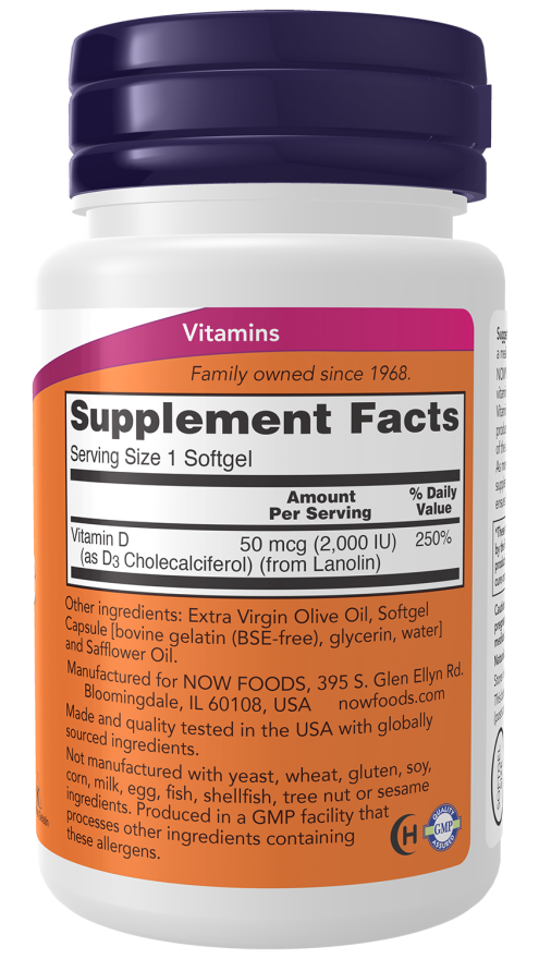 NOW Foods Vitamin D3 2000 IU - 30, 120 or 240 Softgels - Image 2