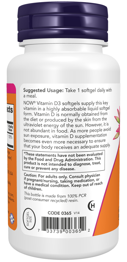 NOW Foods Vitamin D3 1000 IU 180 & 360 Softgels - Image 3