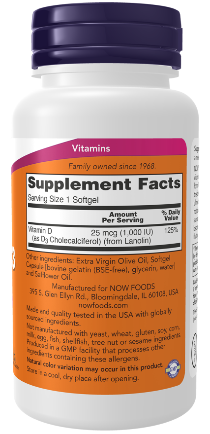 NOW Foods Vitamin D3 1000 IU 180 & 360 Softgels - Image 4