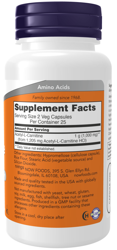 NOW Foods Acetyl-L Carnitine 500 mg - 100 & 200 Vcaps® - Image 3