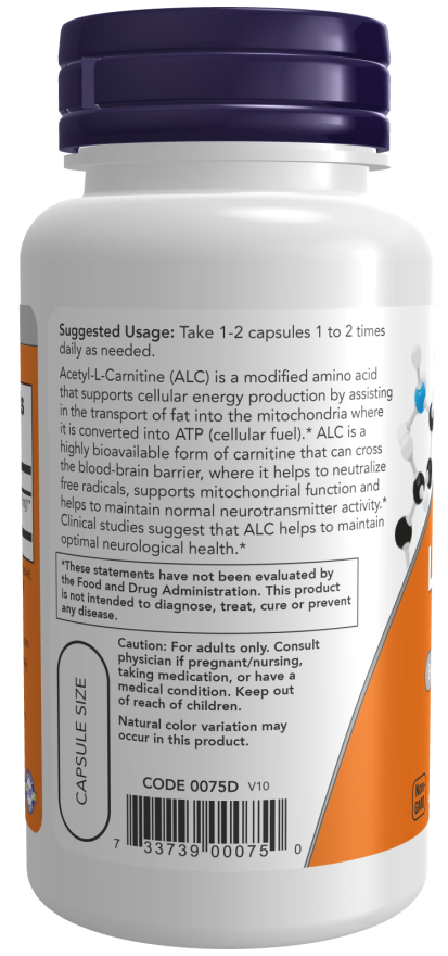 NOW Foods Acetyl-L Carnitine 500 mg - 100 & 200 Vcaps® - Image 4