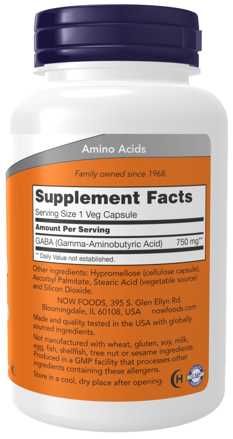NOW Foods GABA 750mg 100 Caps - Image 2
