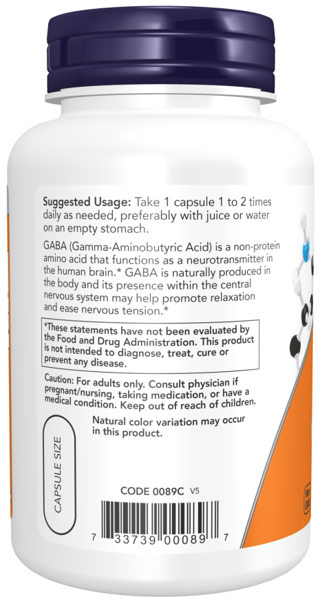 NOW Foods GABA 750mg 100 Caps - Image 3