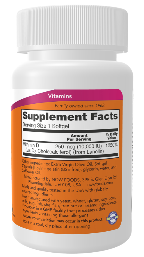 NOW Foods Vitamin D3 10,000IU - 30 ,120 & 240 Softgels - Image 2