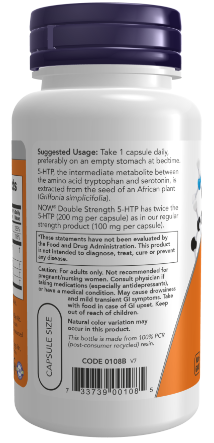 NOW Foods 5-HTP Double Strength 200 mg 60 Veg Capsules - Image 2