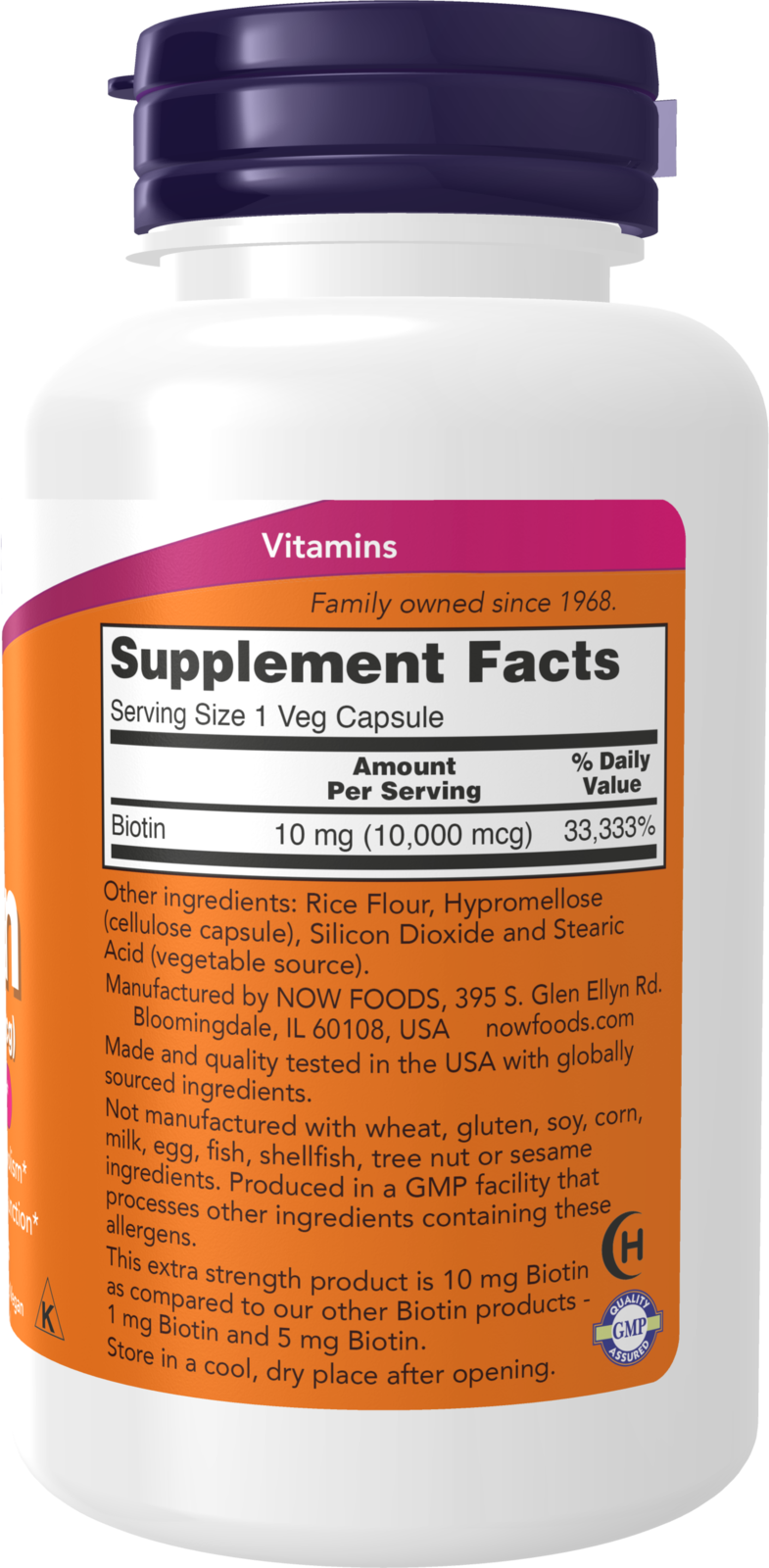 NOW Foods Biotin 10 mg (10,000mcg), Extra Strength 120 Veg Capsules - Image 2