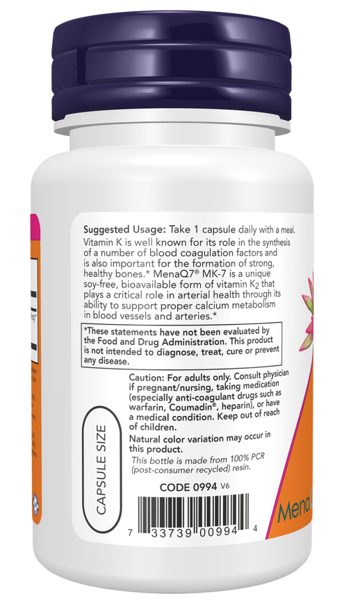 NOW Foods MK-7 Vitamin K-2, Extra Strength 300 mcg 60 & 120 Veg Capsules - Image 2