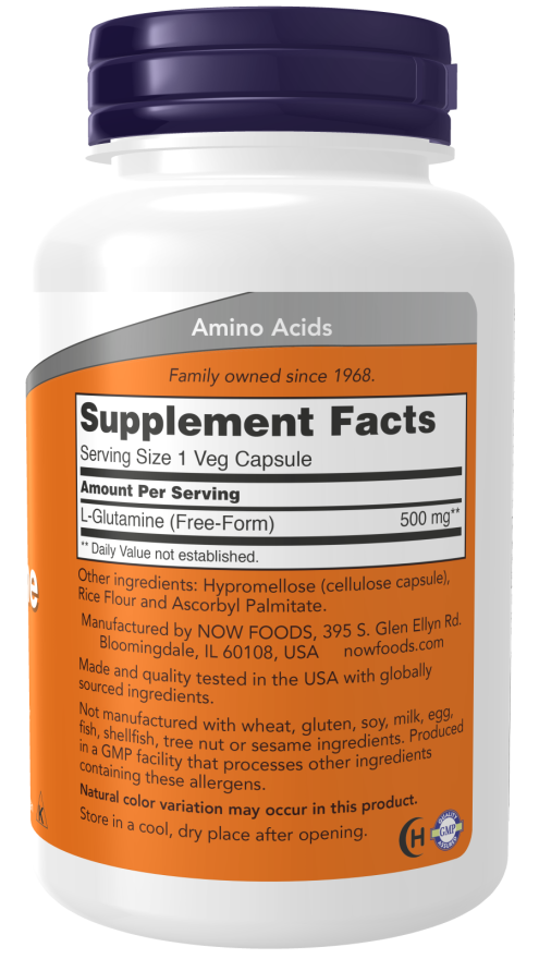 NOW Foods L-Glutamine 500mg 120 Veg Caps - Image 3