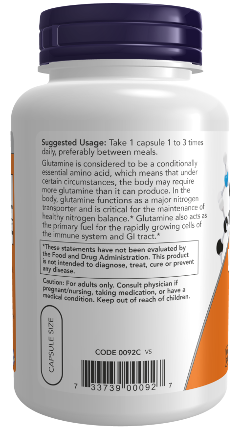 NOW Foods L-Glutamine 500mg 120 Veg Caps - Image 2
