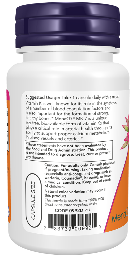 NOW Foods MK-7 Vitamin K-2 100mcg 60 & 120 Veg Capsules - Image 3