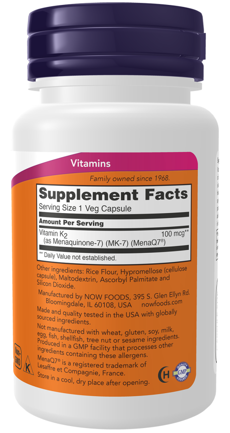NOW Foods MK-7 Vitamin K-2 100mcg 60 & 120 Veg Capsules - Image 2