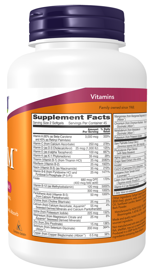 NOW Foods Adam™ Men's Multiple Vitamin 90 or 180 Softgels - Image 2