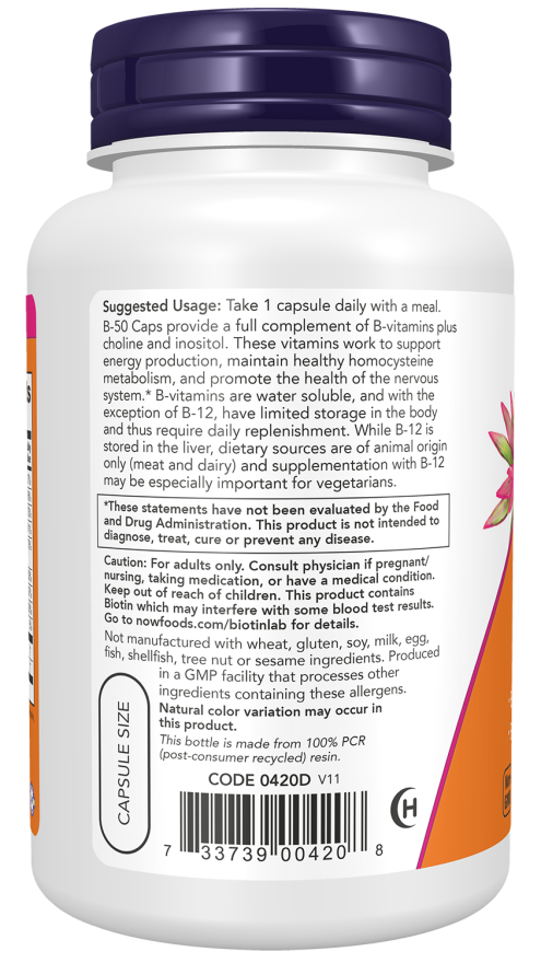 NOW Foods Vitamin B-50 mg 100 & 250 Veg Capsules - Image 3