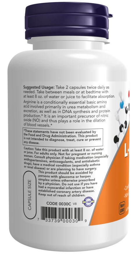 NOW L-Arginine 500mg 100 & 250 Caps - Image 4