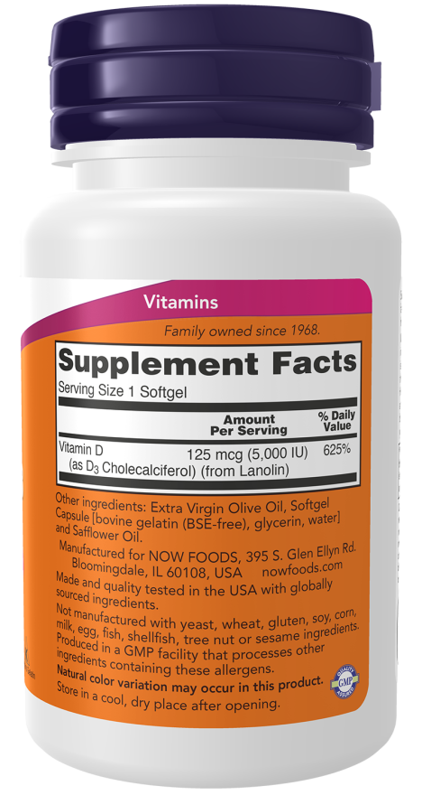 NOW Foods Vitamin D3 5000 IU 120 or 240 Softgels - Image 2