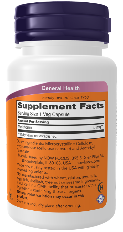 NOW Foods Melatonin 5mg 60 or 180 Veg Caps - Image 2