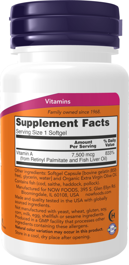 NOW Foods Vitamin A 25,000 250 Softgels - Image 2