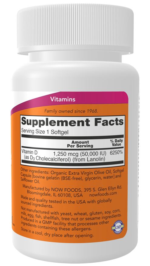 NOW Foods Vitamin D3 50,000 IU 50 Softgels - Image 2