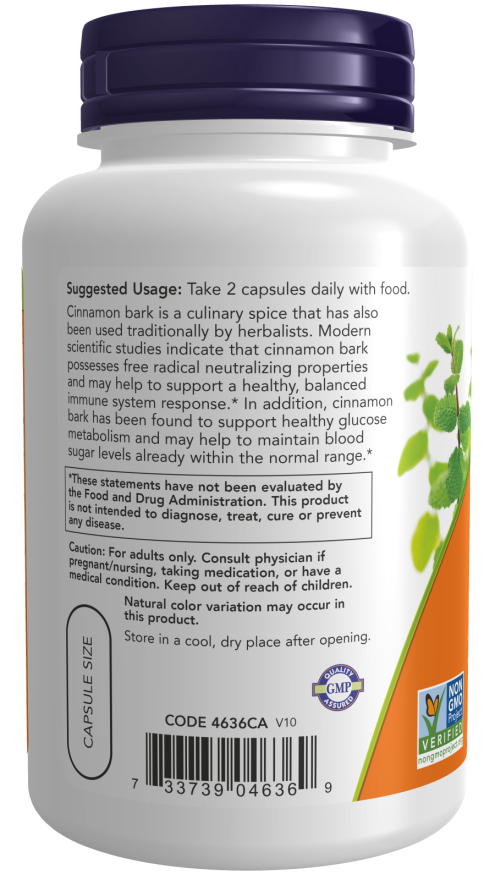 NOW Foods Cinnamon Bark 600mg 120 VCaps - Image 3