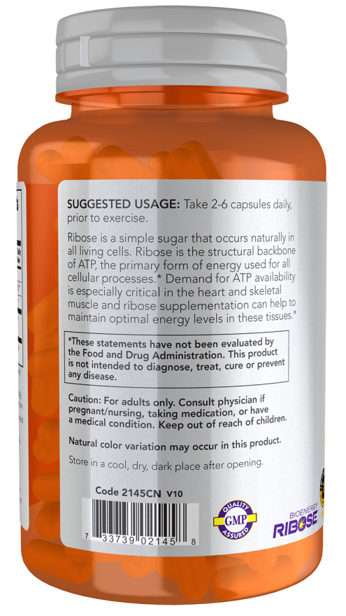 NOW Foods D-Ribose 750 mg 120 Veg Capsules - Image 2