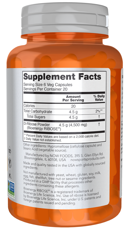 NOW Foods D-Ribose 750 mg 120 Veg Capsules - Image 3