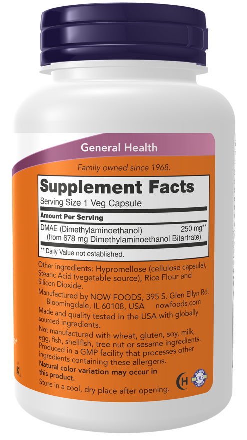 NOW Foods DMAE 250 mg 100 Veg Capsules - Image 2
